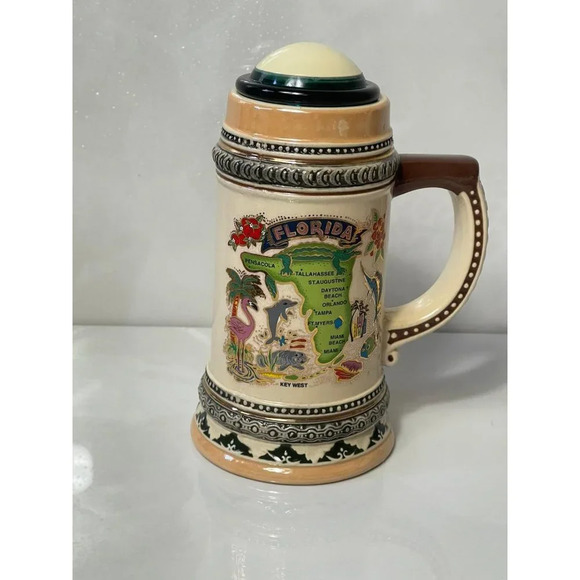 Agiftcopr Pirate Stein Florida Map Embossed Beer Mugs Lid Ceramic Collectibles - Picture 1 of 11